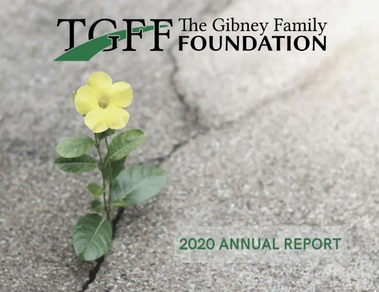 A picture of a cracked sidewalk with a single yellow flower growing out of the crack. The front of the report says 2020 Annual Report